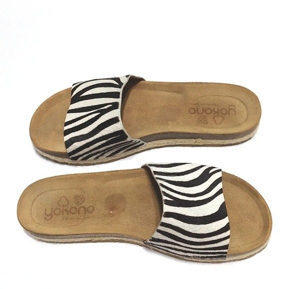 Yokono Zebra Print Calf Hair Leather Slide Sandals US 9 Chunky Strap - Picture 6 of 11